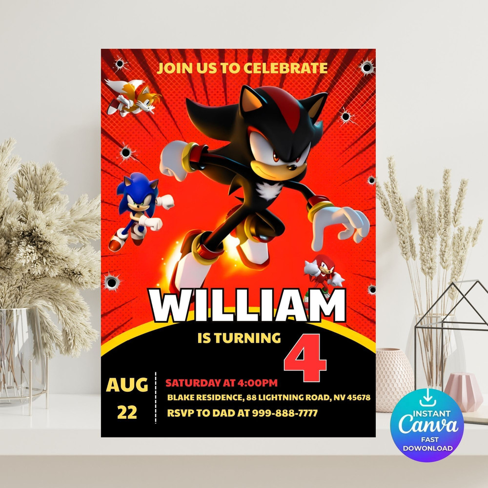 Sonic 5 Birthday Invitation Super Hedgehog Boys Party Invite Super Sonic Party Invitation Editable 3