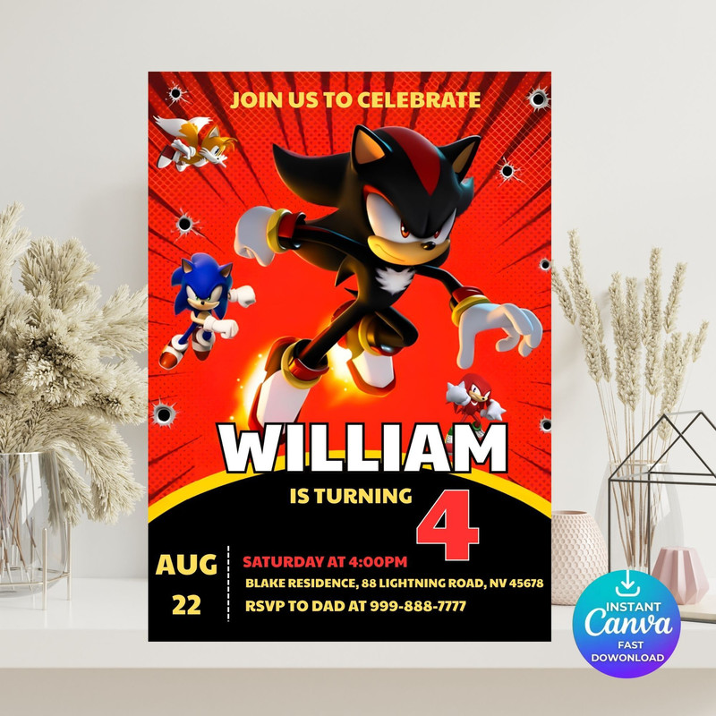 Sonic 5 Birthday Invitation Super Hedgehog Boys Party Invite Super Sonic Party Invitation Editable 3