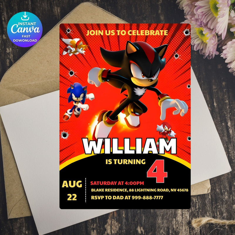 Sonic 5 Birthday Invitation Super Hedgehog Boys Party Invite Super Sonic Party Invitation Editable 0