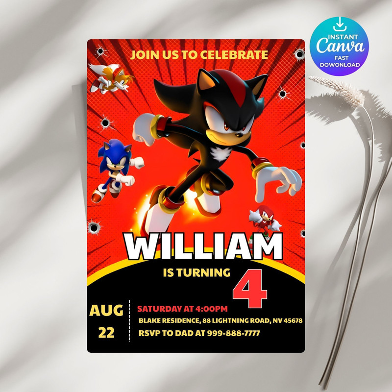 Sonic 5 Birthday Invitation Super Hedgehog Boys Party Invite Super Sonic Party Invitation Editable 5