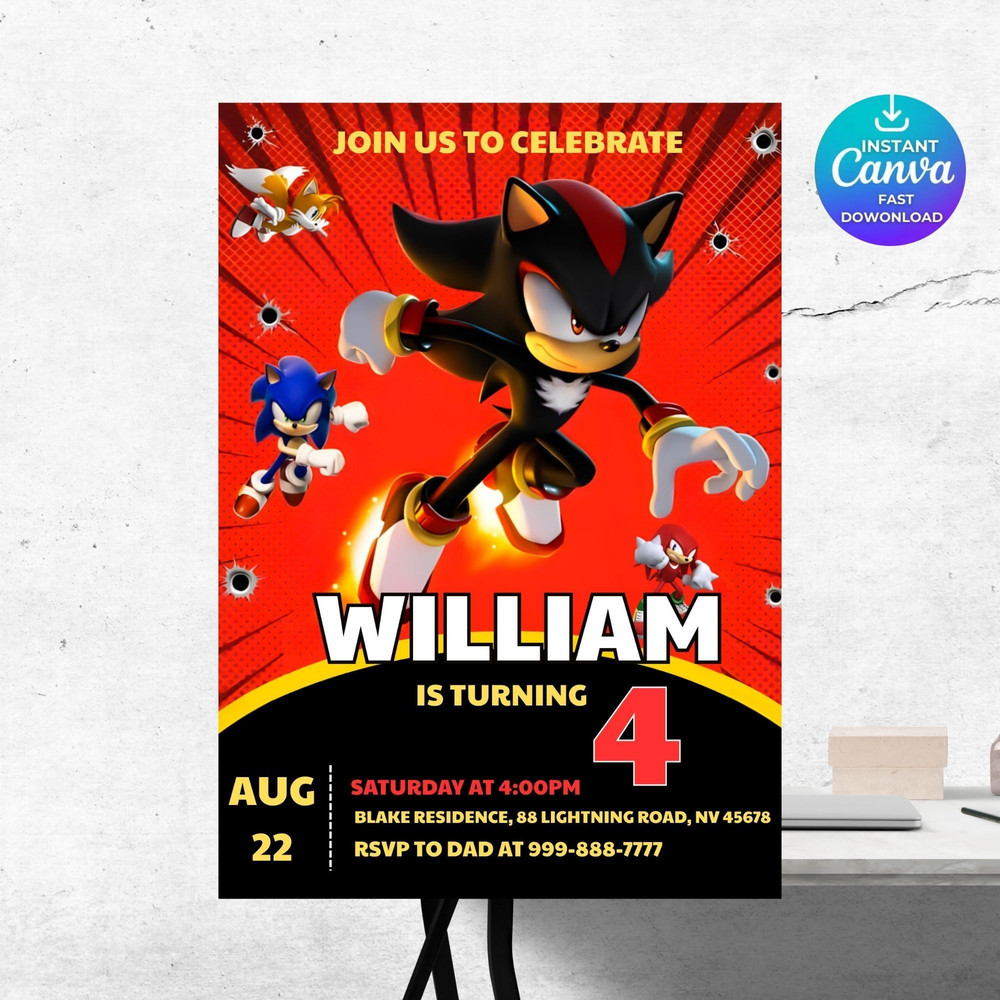 Sonic 5 Birthday Invitation Super Hedgehog Boys Party Invite Super Sonic Party Invitation Editable 6