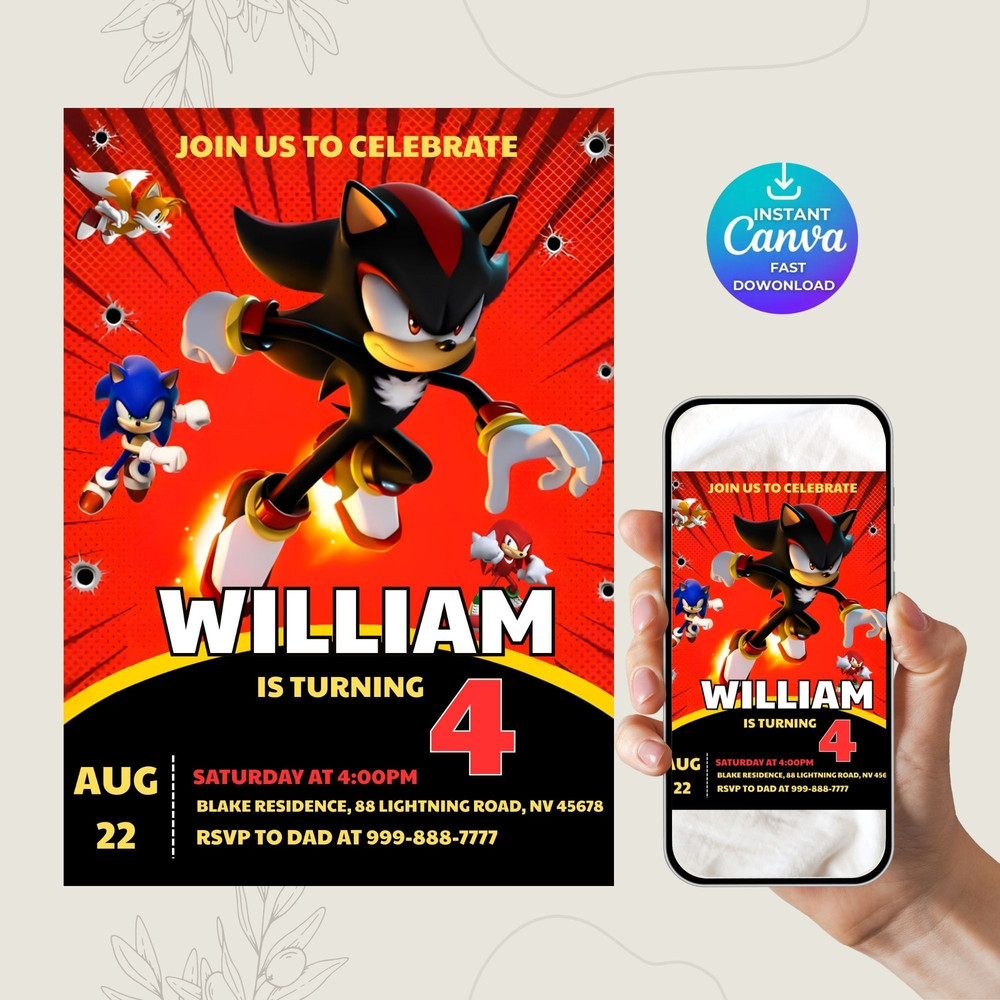 Sonic 5 Birthday Invitation Super Hedgehog Boys Party Invite Super Sonic Party Invitation Editable 9