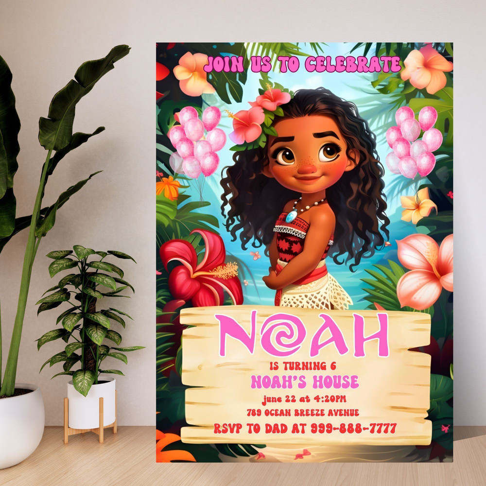Baby Moana Birthday Invitation Moana Girls Luau Party Digital Invitation Cute Moana Cartoon Kids Bi 2