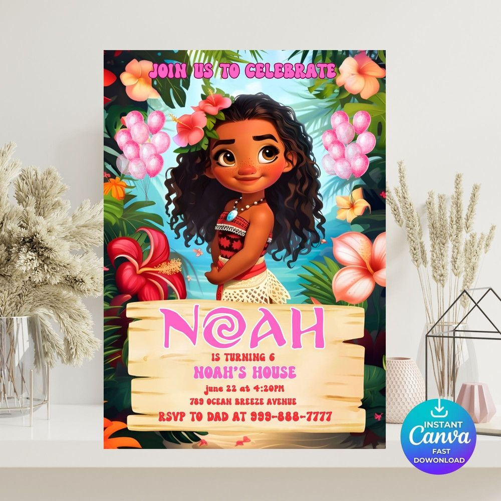 Baby Moana Birthday Invitation Moana Girls Luau Party Digital Invitation Cute Moana Cartoon Kids Bi 3
