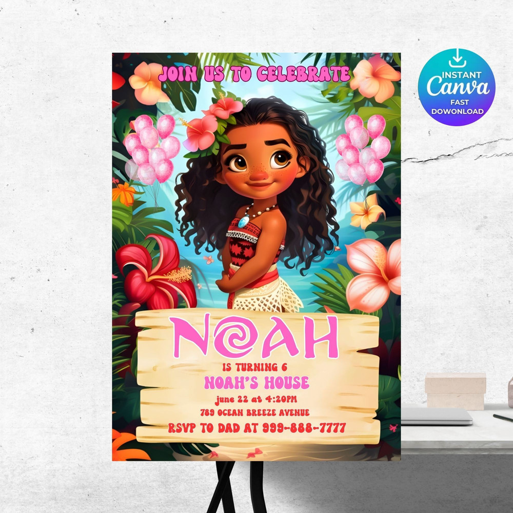 Baby Moana Birthday Invitation Moana Girls Luau Party Digital Invitation Cute Moana Cartoon Kids Bi 6