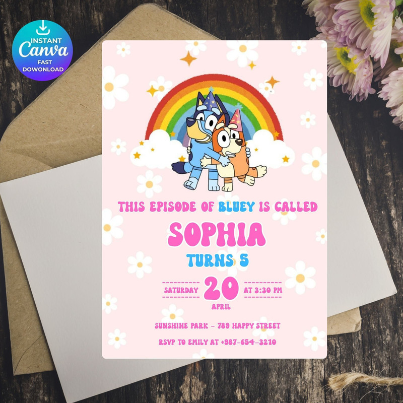 Bluey Editable Birthday Invitation Digital Birthday Party Invitation Digital Bday Party Invite Blue 5
