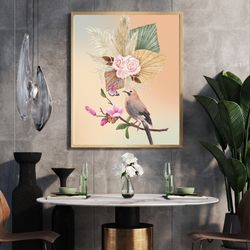 Boho animal beige watercolor design flower, and bird wall art print, wall art decor, modern abstract home decor, print.