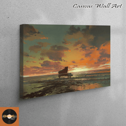 wall decor, canvas, large wall art, piano on the beach, piano printed, sea landscape printed, beach canvas print, sunset