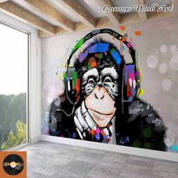 thinking monkey, colorful monkey wallpaper, music lover monkey mural, animal wall decor, dj monkey wall decor,