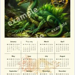 calendar with green dragon. calendar 2024 sheet a4 year of the dragon. 2024 wall calendar. desk calendar printable.