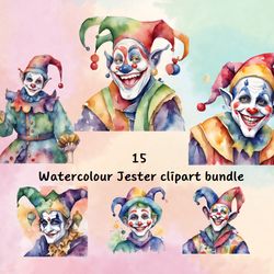 watercolour jester clipart bundle, medieval clipart, clown png, fantasy clipart, junk journal, scrap book,