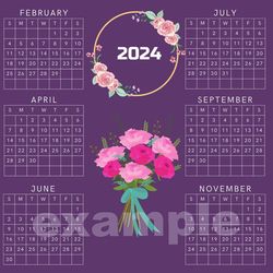 Purple calendar for 2024. Calendar colorful. Monthly calendar.