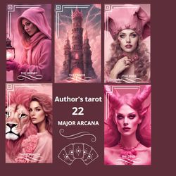 Unique tarot deck of 22 major arcana. Tarot pink. Printable tarot cards. Author's tarot without borders