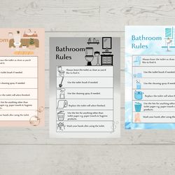 Bathroom Rules.Rules signs. Bathroom decor.Home decor.Printable sheets.Digital product.  Set of 3 different colors.