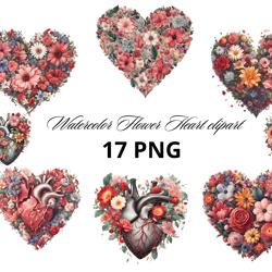Watercolor Flower Heart clipart, Watercolor Valentine's heart, Valentine's Day PNG, Floral hearts png, Heart Flowers,
