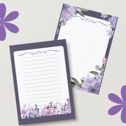 Junk journal pages journal digital,Letter writing paper,Printable Purple Flowers Stationery Writing Paper Printable