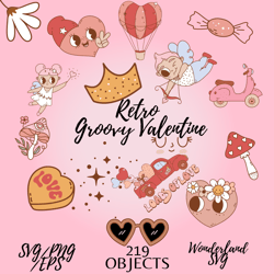 retro groovy valentine huge sublimatiom bundle, cute clipart, and t-shirt lettering for valentine's day