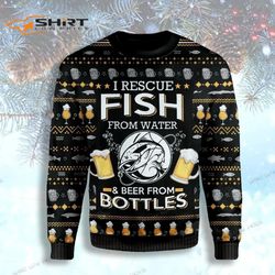 ugly rescue fish from water and beer from bottles ugly christmas sweater