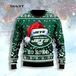 personalized york jets symbol wearing santa claus hat ho ho ho ugly christmas sweater