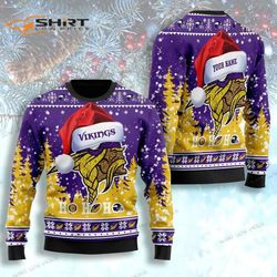 personalized minnesotaviking symbol wearing santa claus hat ho ho ho ugly christmas sweater