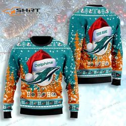 personalized mimi dolphins symbol wearing santa claus hat ho ho ho ugly christmas sweater