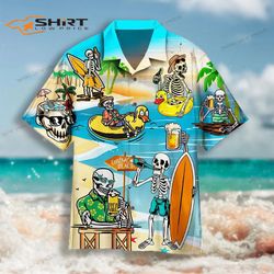 skeleton skull relaxing on the beach summer vacation hawaiian shirt for men women
