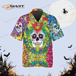 colorful sugar skull hawaiian shirt