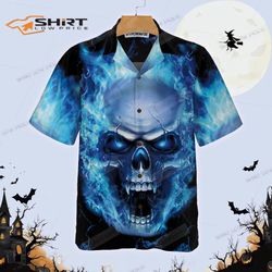 blue neon skull flame hawaiian shirt