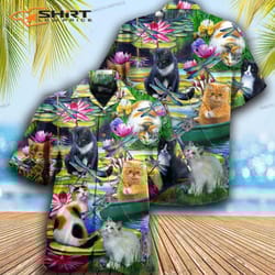 cat curious in a water lily lake hawaiian shirt