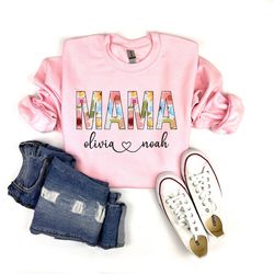 floral mama sweatshirt, mothers day gift for mom, custom mama sweatshirt, personalized mama shirt, kids names, mother's