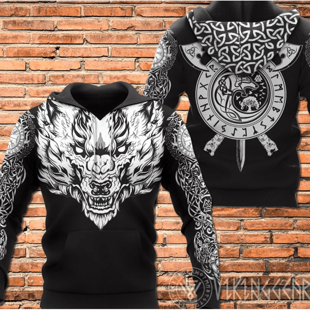 Viking 3D Fenrir Wolf Axe Sword Hoodie 3D, Personalized All Over Print Hoodie 3D
