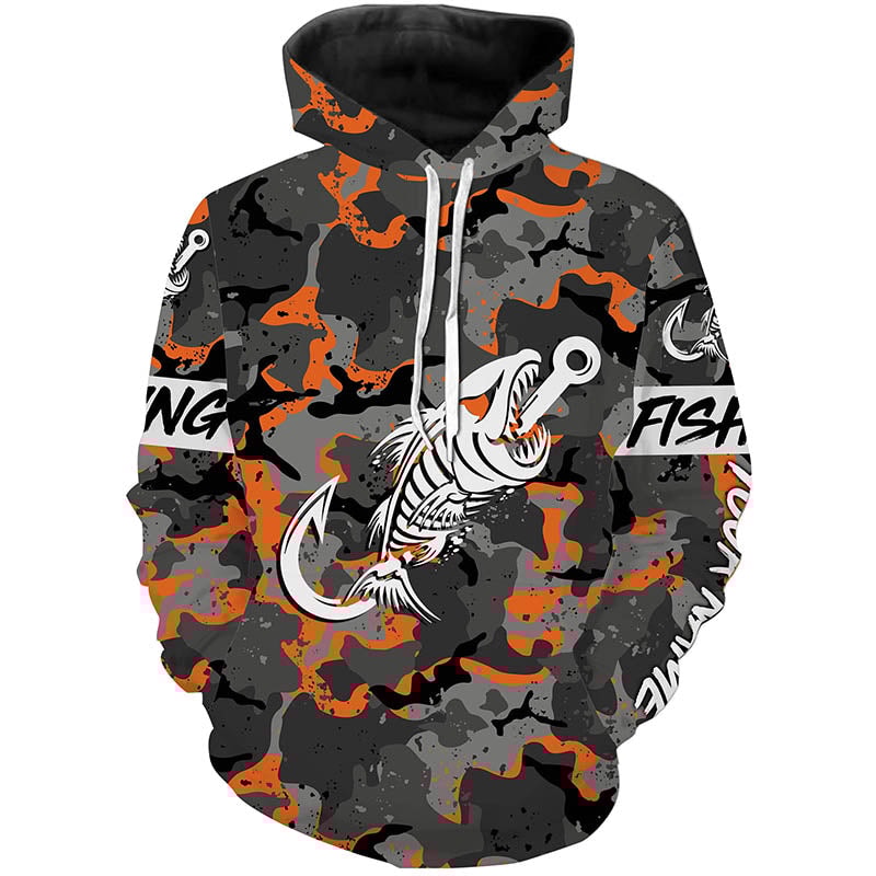 Fish Hook Skull Orange Camo Fish Reaper Hoodie 3D, Personalized All Over Print Hoodie 3D