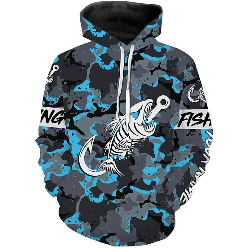 Fish Hook Skull Blue Camo Fish Reaper Hoodie 3D, Personalized All Over Print Hoodie 3D