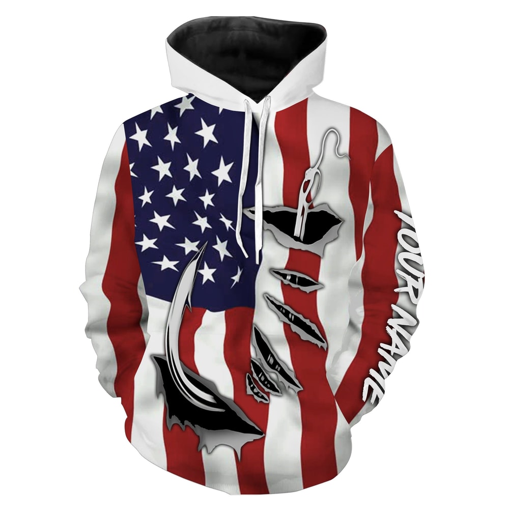US Fishing Fish Hook American Flag Hoodie 3D, Personalized All Over Print Hoodie 3D