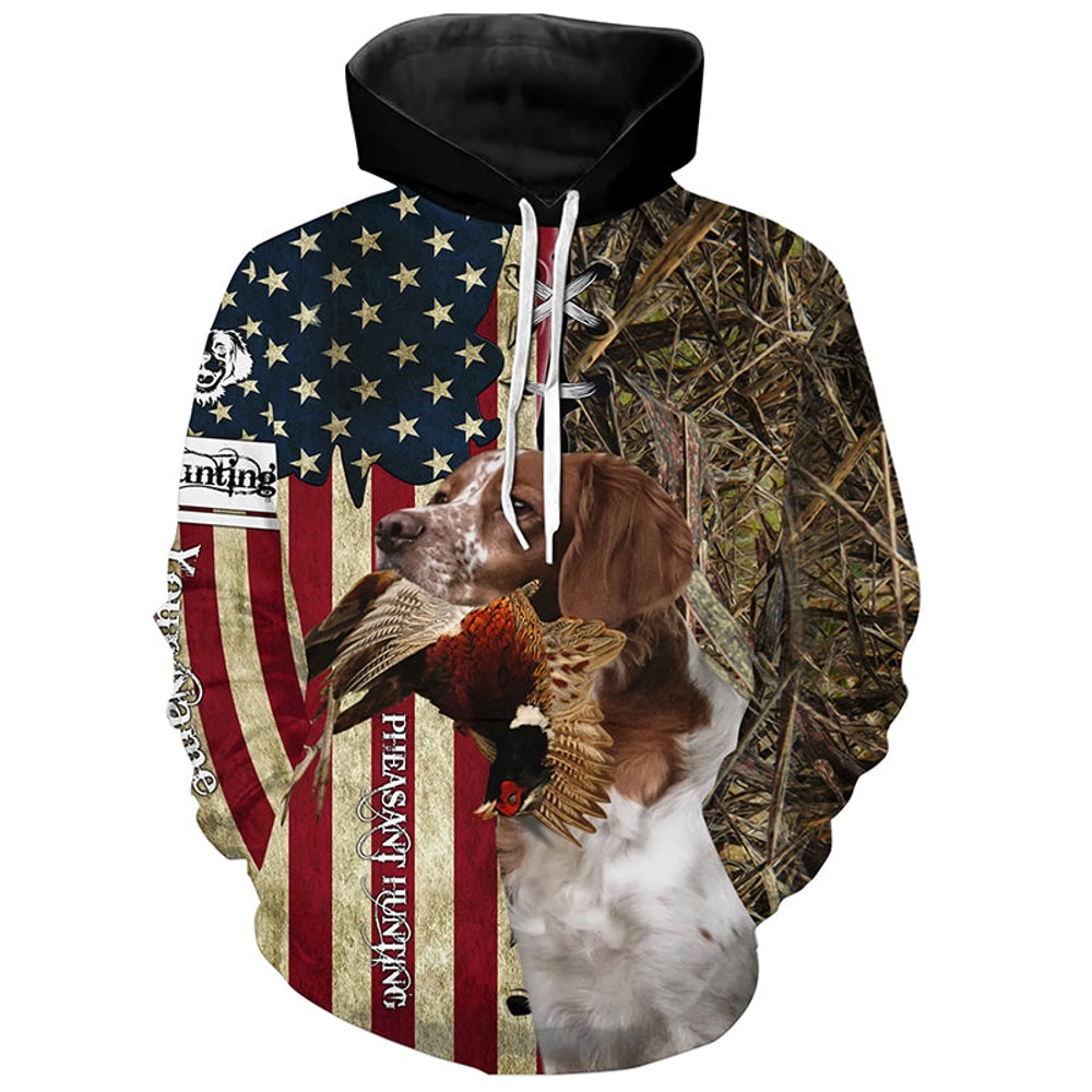 Brittany Hunting Bird Dog Pheasant Hunter American Flag Hoodie 3D, Personalized All Over Print Hoodie 3D