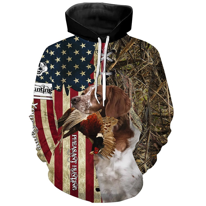 Brittany Hunting Bird Dog Pheasant Hunter American Flag Hoodie 3D, Personalized All Over Print Hoodie 3D