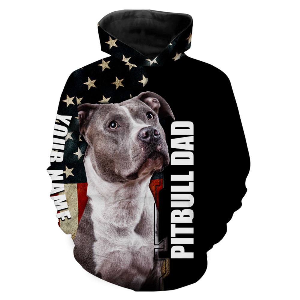 Pitbull Dad American Flag Hoodie 3D, Personalized All Over Print Hoodie 3D