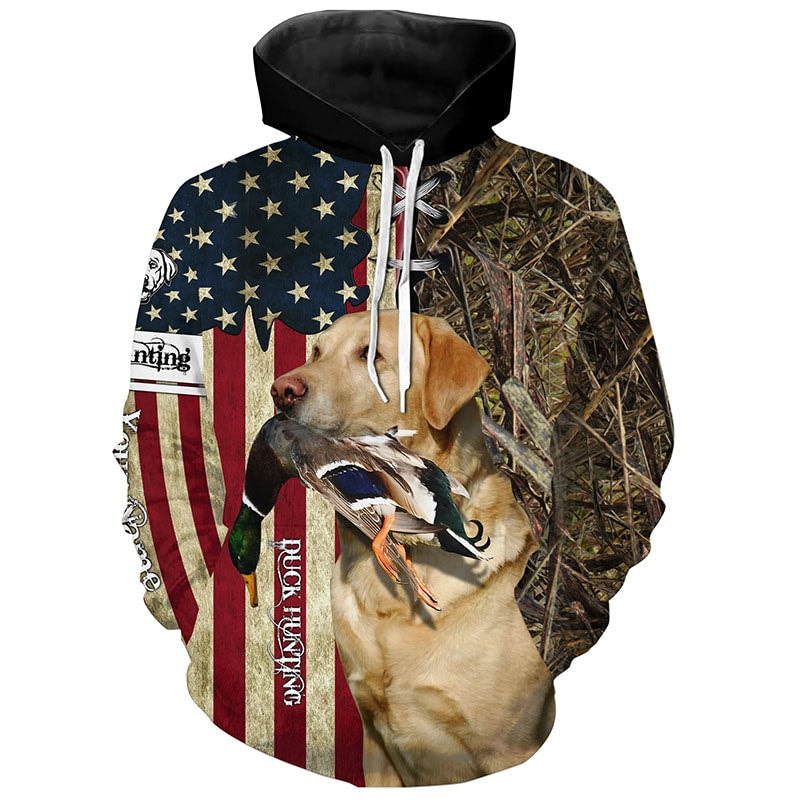 Yellow Labrador Retriever Hunting Bird Dog Duck Hunter American Flag Hoodie 3D, Personalized All Over Print Hoodie 3D