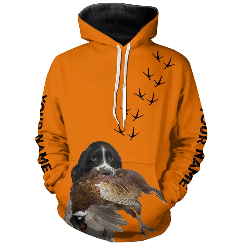 English Springer Spaniel Dog Pheasant Hunting Blaze Orange Hoodie 3D, Personalized All Over Print Hoodie 3D