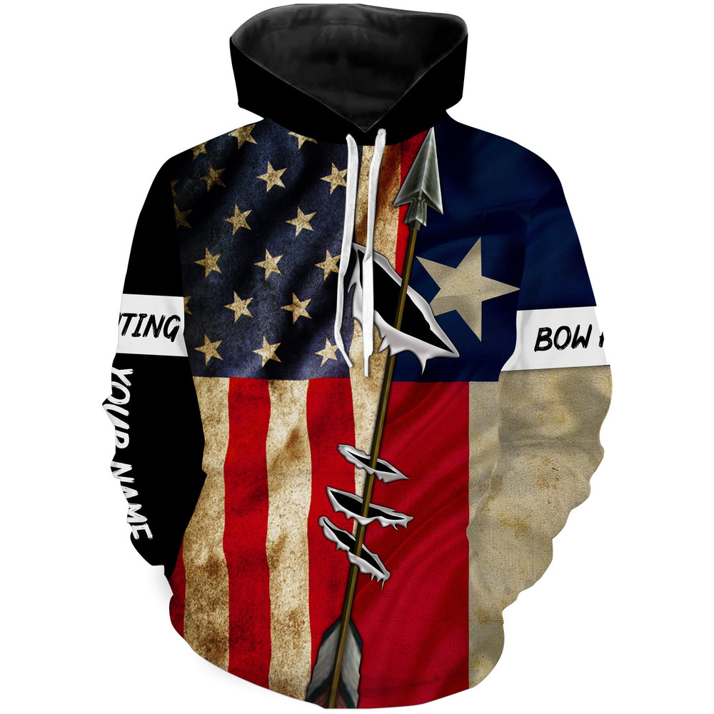 Archery Bowhunting USA And Texas Flag Hoodie 3D, Personalized All Over Print Hoodie 3D Y94
