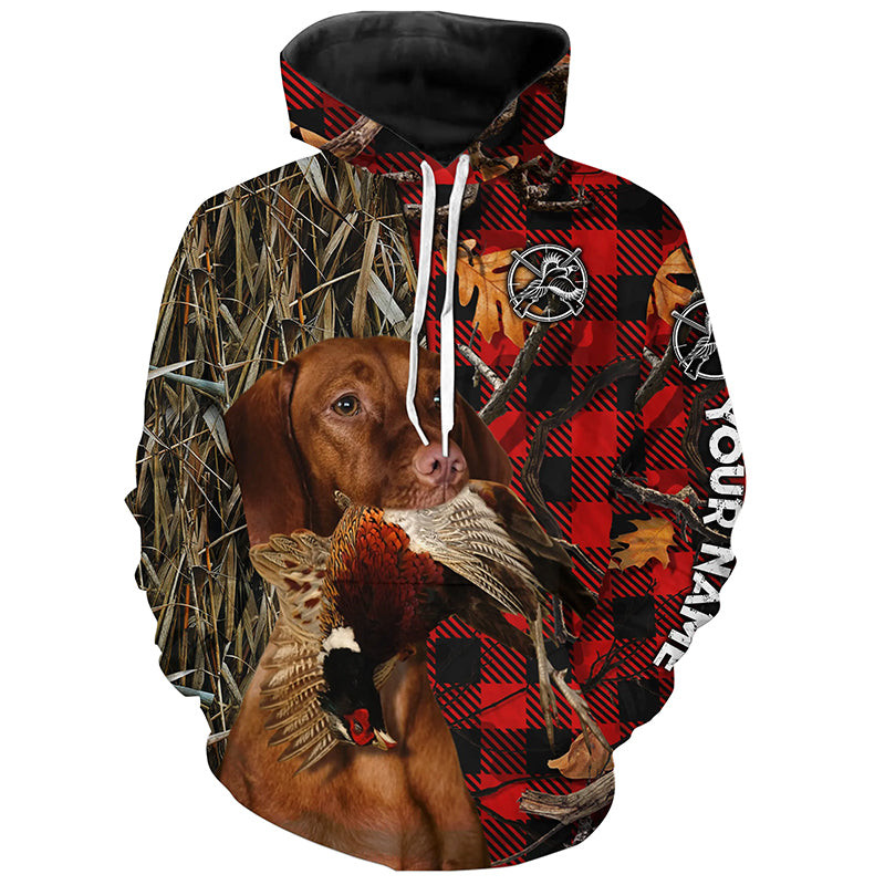 Vizsla Hunting Dog Red Plaid Fall Camo Hoodie 3D, Personalized All Over Print Hoodie 3D Y157