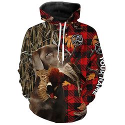 chocolate labrador pheasant hunting dog red plaid camo hoodie 3d, personalized all over print hoodie 3d y160