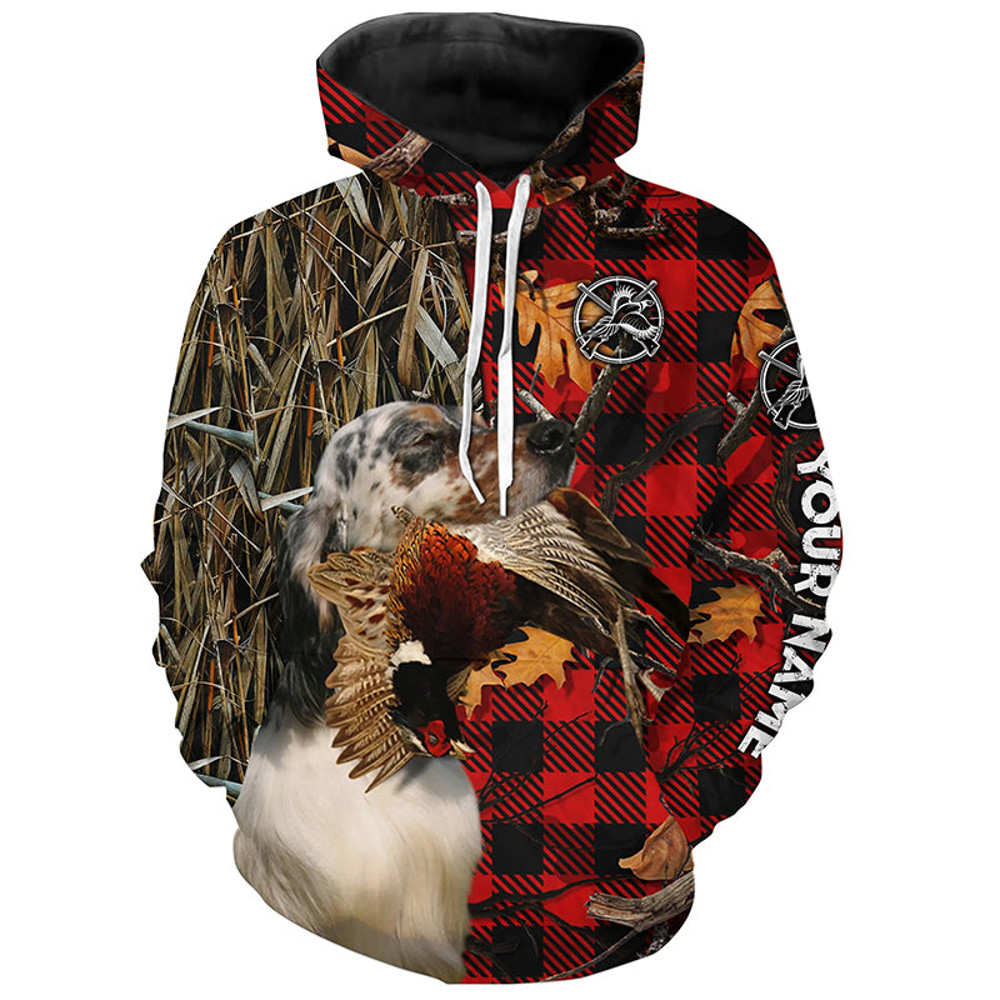 Llewellin English Setter Pheasant Hunting Dog Red Plaid Camo Hoodie 3D, Personalized All Over Print Hoodie 3D Y167