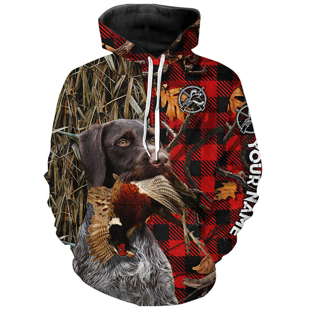 Deutsch Drahthaar Pheasant Hunting Dog Red Plaid Camo Hoodie 3D, Personalized All Over Print Hoodie 3D Y175