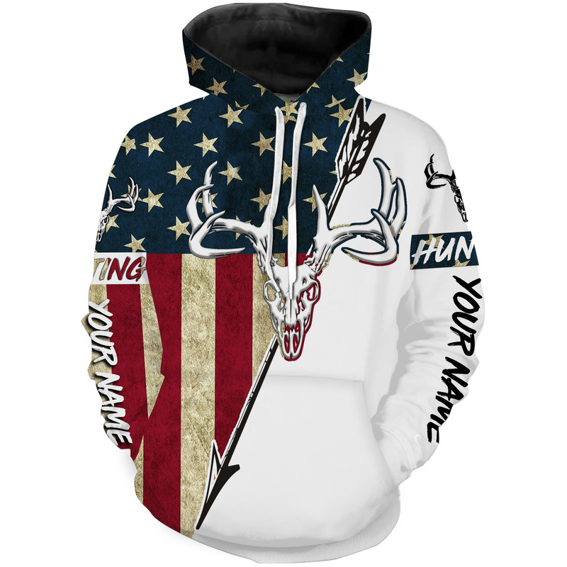 Deer Skull Bow Hunter Deer Hunting American Flag Hoodie 3D, Personalized All Over Print Hoodie 3D Y184