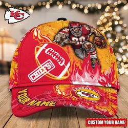 Custom Name NFL Kansas City Chiefs Caps, NFL Kansas City Chiefs Adjustable Hat Mascot & Flame Caps for Fans L121