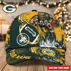 Custom Name NFL Green Bay Packers Caps, NFL Green Bay Packers Adjustable Hat Mascot & Flame Caps for Fans L127