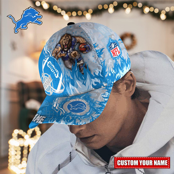 Custom Name NFL Detroit Lions Caps, NFL Detroit Lions Adjustable Hat Mascot & Flame Caps for Fans