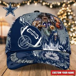 Custom Name NFL Dallas Cowboys Caps, NFL Dallas Cowboys Adjustable Hat Mascot & Flame Caps for Fans
