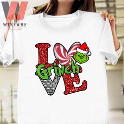 cute glitter love candy heart with grinch santa hat t shirt